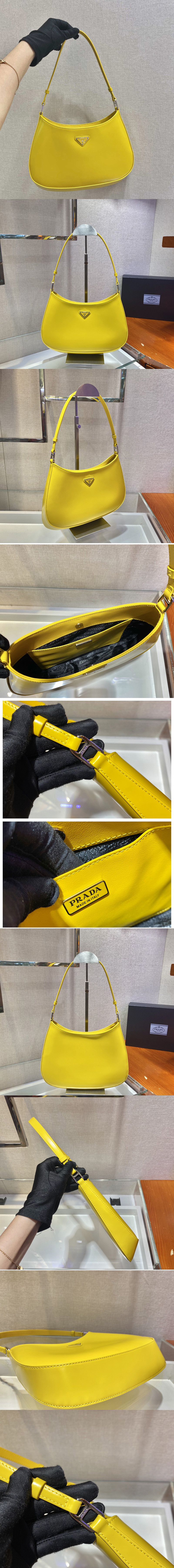 Replica Prada 1BC499 Prada Cleo brushed leather shoulder bag in Yellow brushed leather