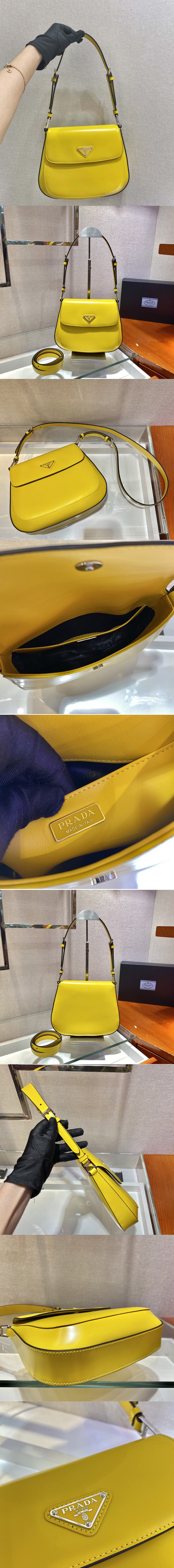 Replica Prada 1BD303 Prada Cleo brushed leather shoulder bag with flap in Yellow brushed leather