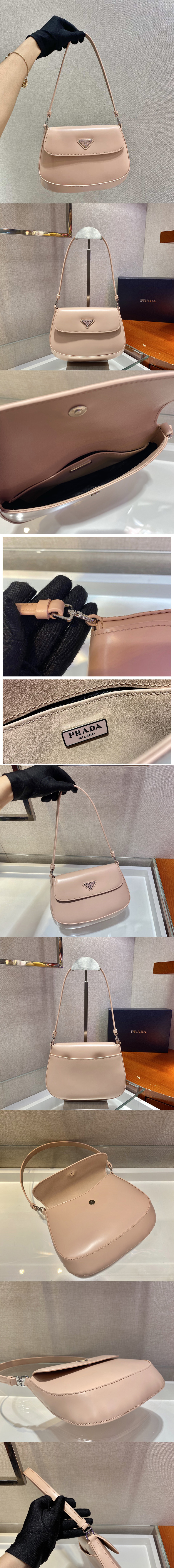 Replica Prada 1BD311 Prada Cleo brushed leather shoulder bag with flap in Sand brushed leather