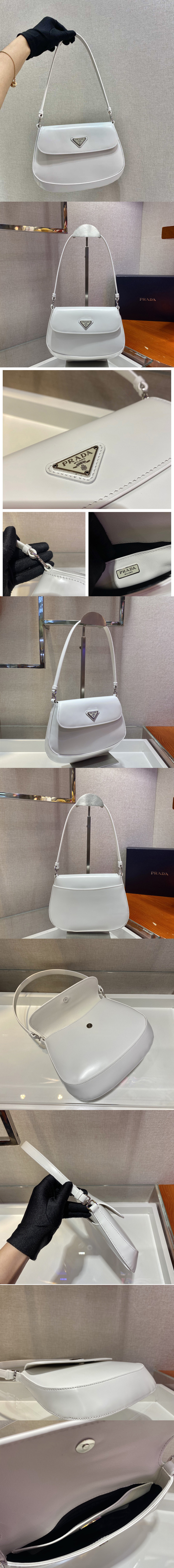 Replica Prada 1BD311 Prada Cleo brushed leather shoulder bag with flap in White brushed leather