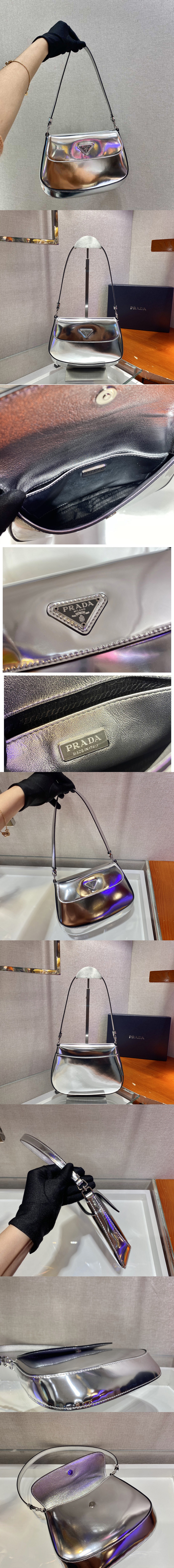 Replica Prada 1BD311 Prada Cleo brushed leather shoulder bag with flap in Silver brushed leather