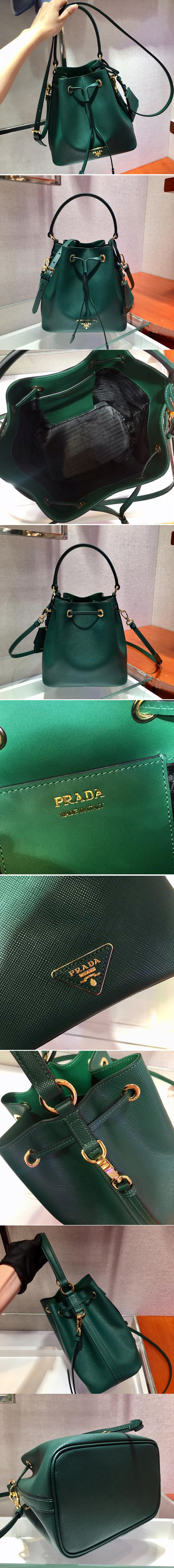 Replica Prada 1BE032 Saffiano Leather Bucket Bag in Green Saffiano leather