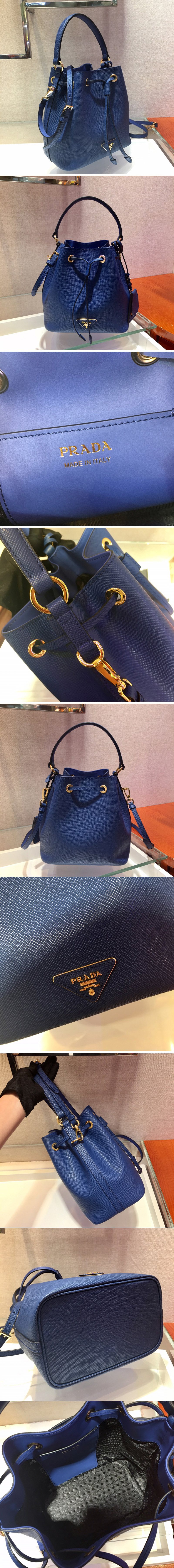 Replica Prada 1BE032 Saffiano Leather Bucket Bag in Dark Blue Saffiano leather