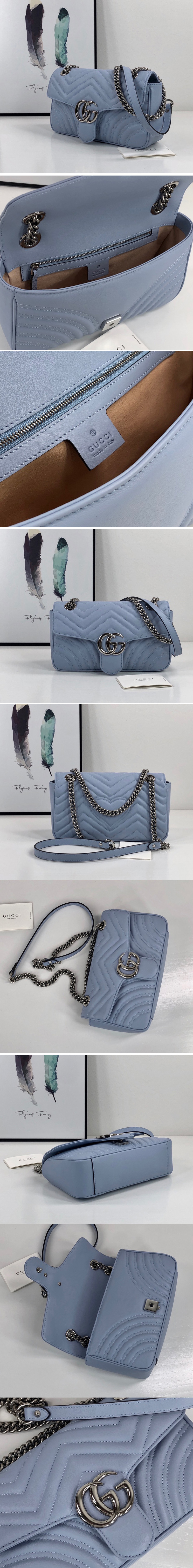 Replica Gucci 443497 GG Marmont small shoulder bag in Pastel Blue matelasse chevron leather with heart