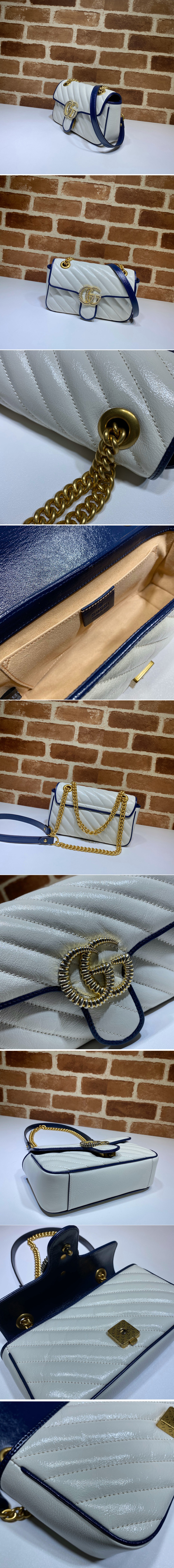 Replica Gucci 446744 GG Marmont matelasse mini bag in White Leather With Dark blue leather trim