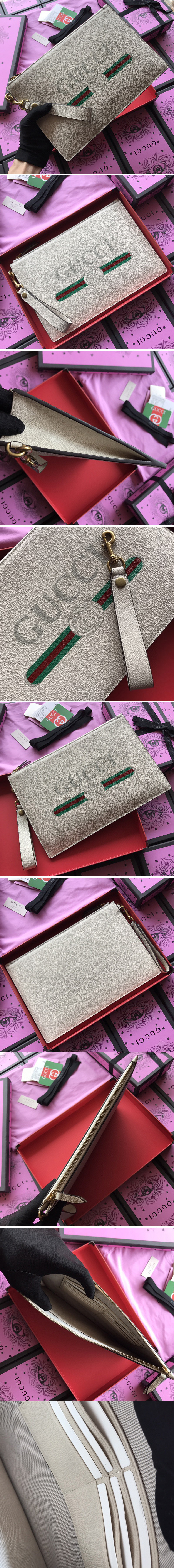 Replica Gucci 495011 Print leather pouch with Gucci vintage logo in White Leather