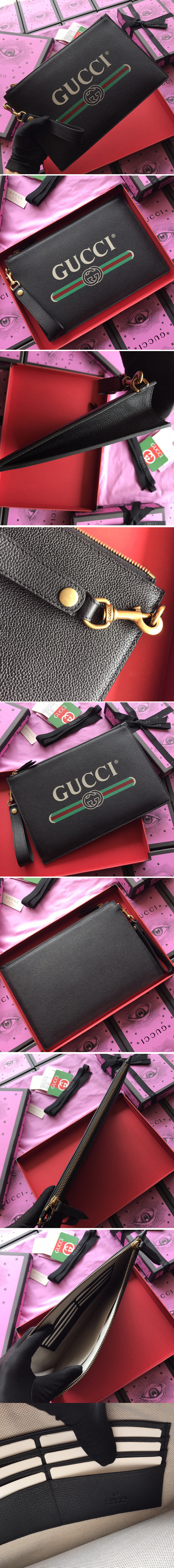 Replica Gucci 495011 Print leather pouch with Gucci vintage logo in Black Leather