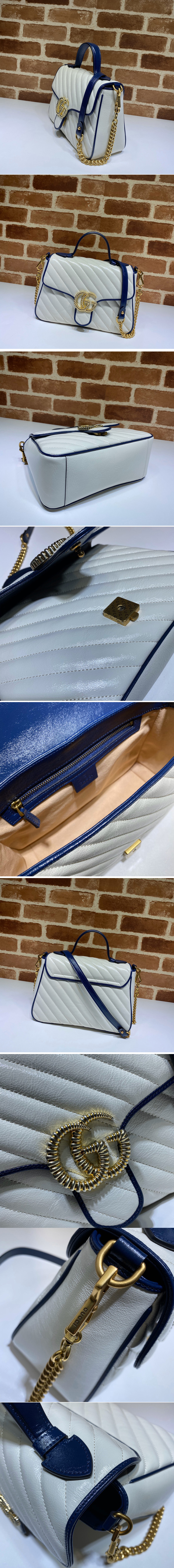 Replica Gucci 498110 GG Marmont small top handle bag in White Leather With Dark blue leather trim