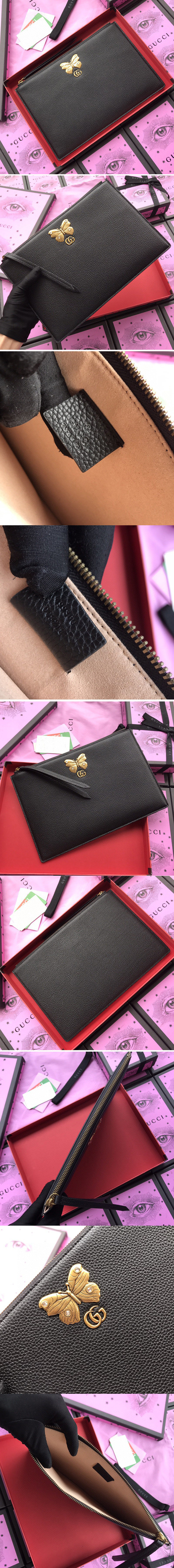 Replica Gucci 499360 Embroidered leather pouch With Butterfly in Black Leather