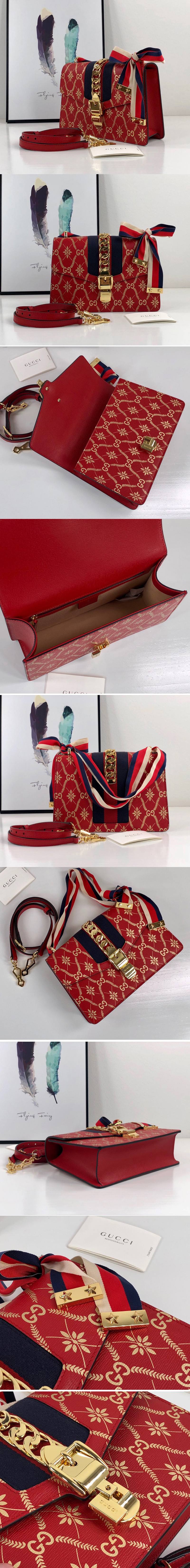 Replica Gucci 524405 Red Sylvie GG rhombus flower small shoulder bag in Gold GG rhombus flower with Web