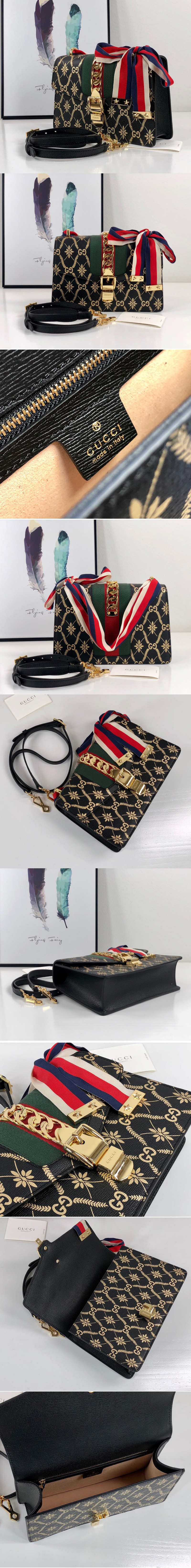 Replica Gucci 524405 Black Sylvie GG rhombus flower small shoulder bag in Gold GG rhombus flower with Web