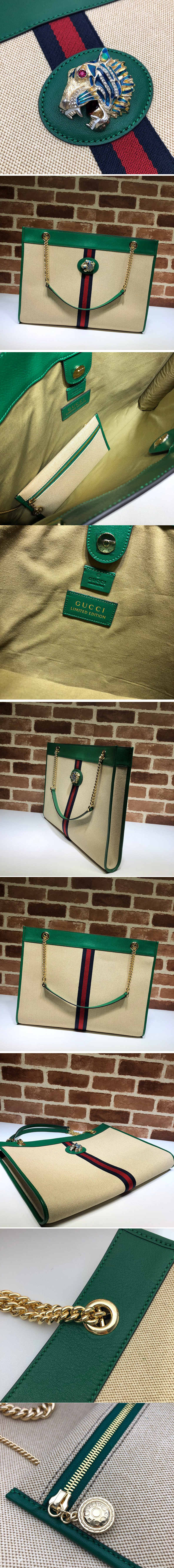 Replica Gucci 536416 Rajah GG tote Bag in Beige Denim with green leather