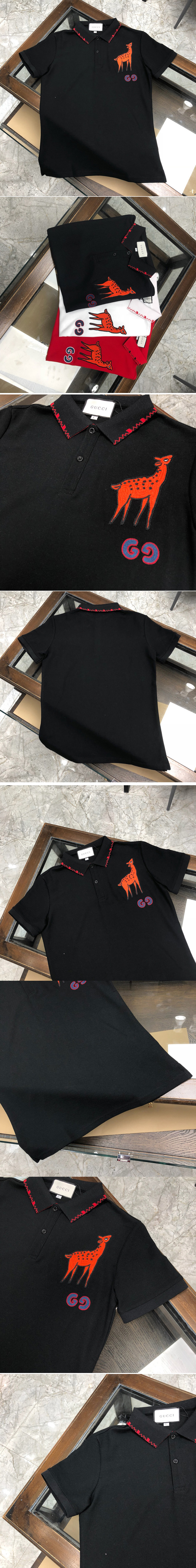 Replica Men Gucci ‎548334 Oversize T-shirt with deer patch Black/Red/White Color