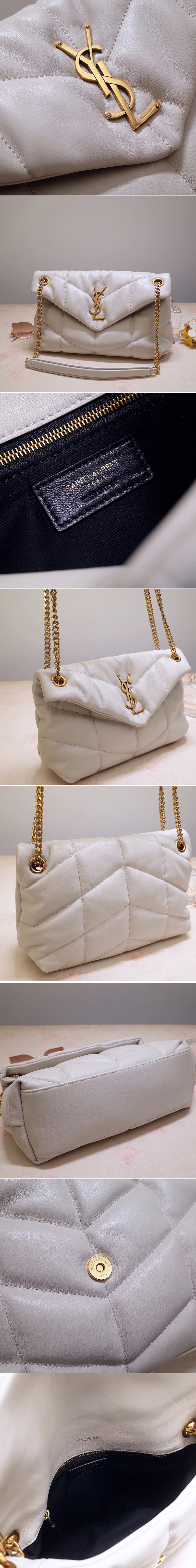 Replica Saint Laurent 577476 YSL LOULOU PUFFER SMALL BAG IN White QUILTED LAMBSKIN With Gold Hardware