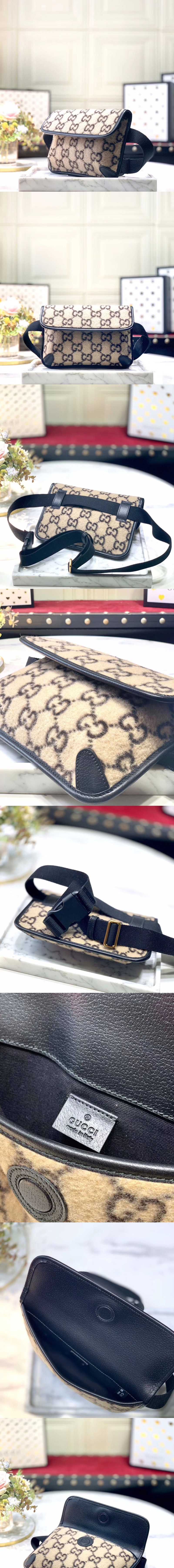 Replica Gucci 598181 GG wool Belt Bags in Beige and ebony GG wool