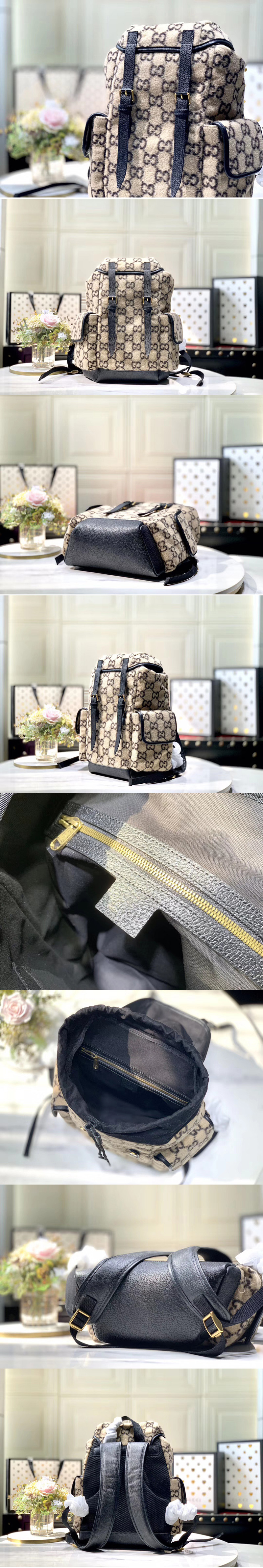 Replica Gucci 598184 Small GG wool backpack in Beige and ebony GG wool