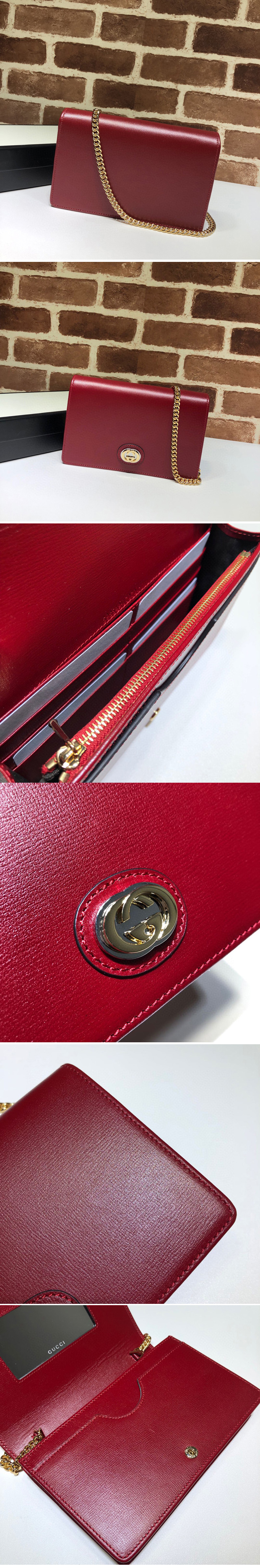 Replica Gucci 598549 Leather chain card case wallet in Red textured leather