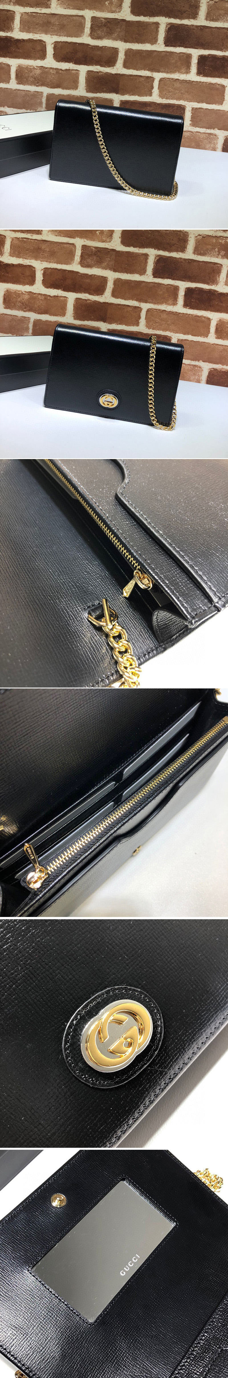 Replica Gucci 598549 Leather chain card case wallet in Black textured leather