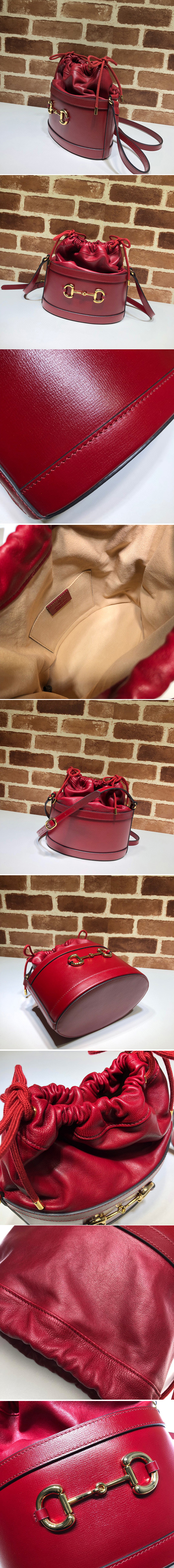 Replica Gucci 602118 GG 1955 Horsebit bucket bag Red textured leather