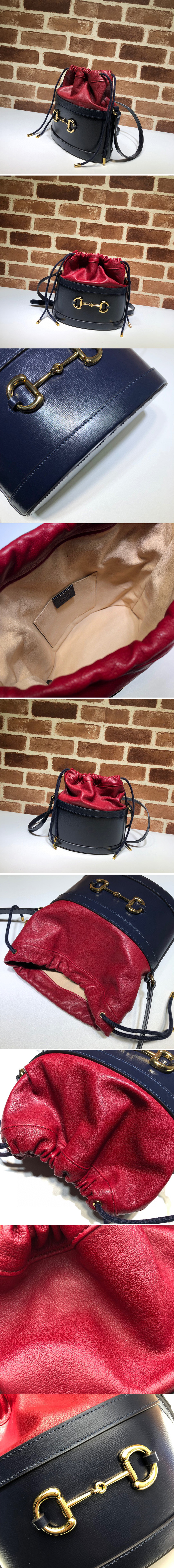 Replica Gucci 602118 GG 1955 Horsebit bucket bag Blue/Red textured leather