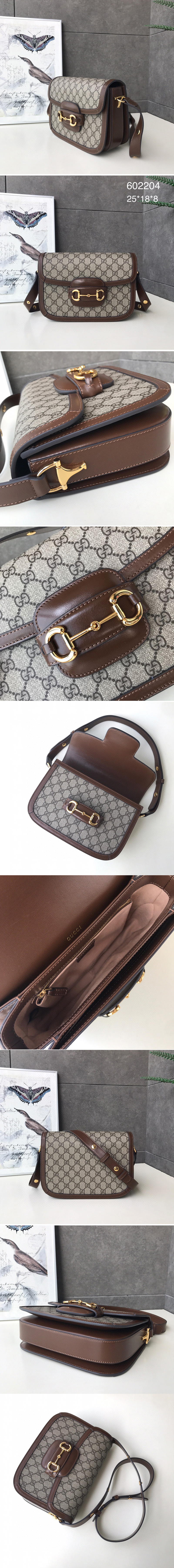 Replica Gucci 602204 1955 Horsebit shoulder bag in GG Supreme canvas and Brown Leather