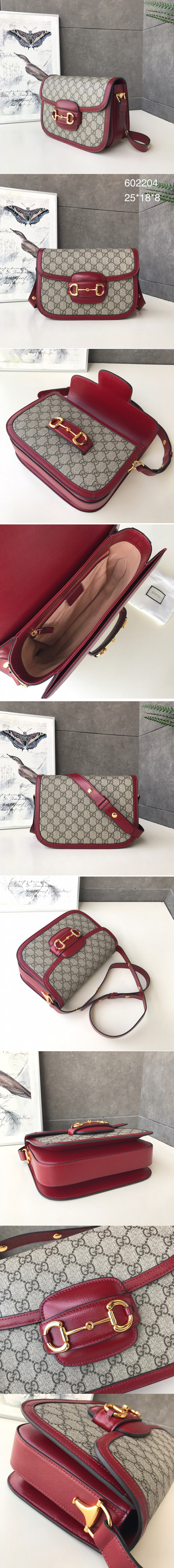 Replica Gucci 602204 1955 Horsebit shoulder bag in GG Supreme canvas and Red Leather