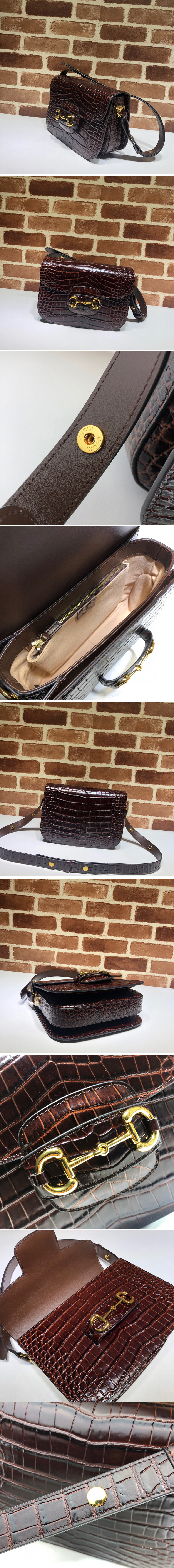 Replica Gucci ‎602204 1955 Horsebit shoulder bag in Burgundy Crocodile Embossed Leather