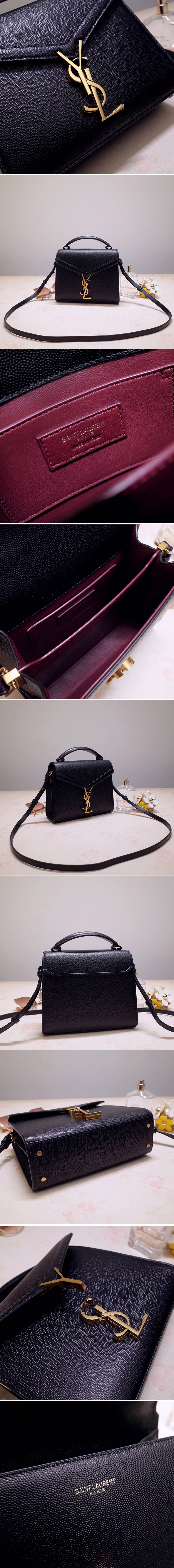 Replica Saint Laurent 602716 YSL Cassandra Mini Top handle bag In Black Grain de Poudre Embossed Leather