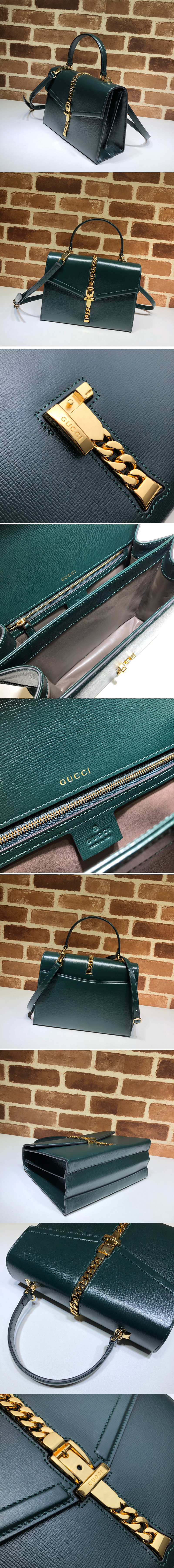 Replica Gucci 602781 Sylvie 1969 small top handle bag in Green textured leather