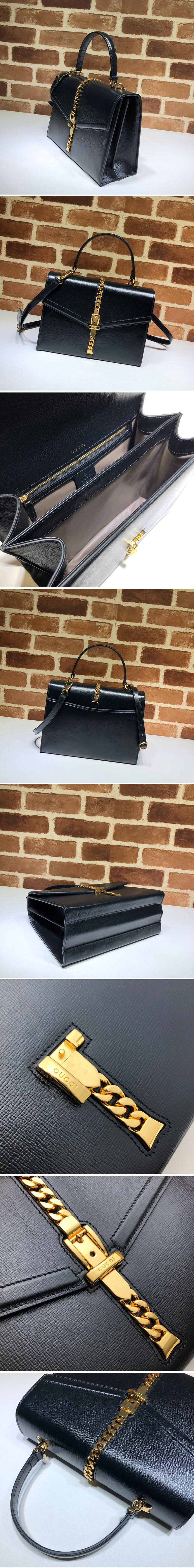 Replica Gucci 602781 Sylvie 1969 small top handle bag in Black textured leather