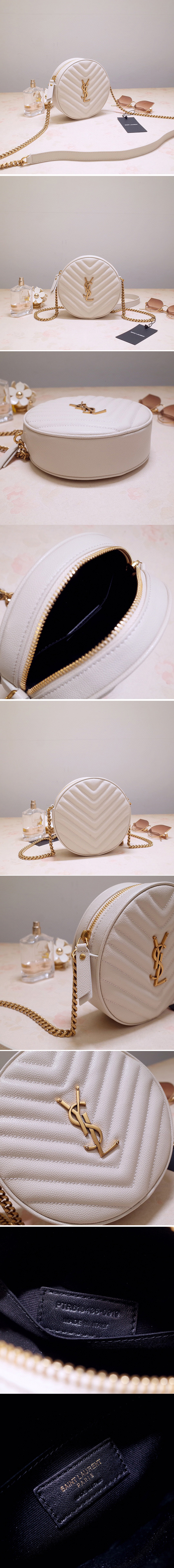 Replica Saint Laurent 6104361 YSL Vinyle Round Camera Bags in White Chevron-Quilted Grain de Poudre Embossed Leather