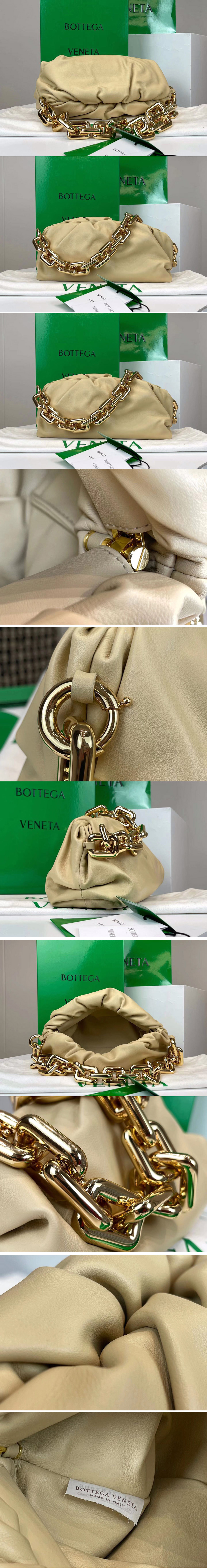 Replica Bottega Veneta 620230 Chain Pouch Shoulder Bag in Beige Lambskin Leather With Gold Chain