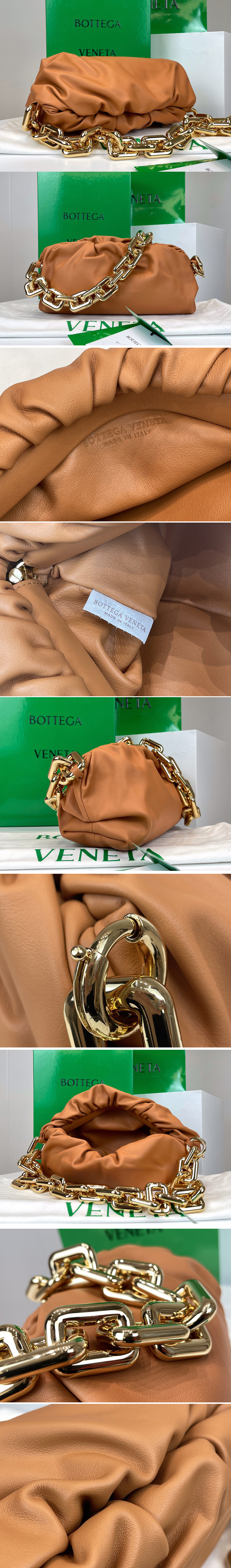 Replica Bottega Veneta 620230 Chain Pouch Shoulder Bag in Tan Lambskin Leather With Gold Chain