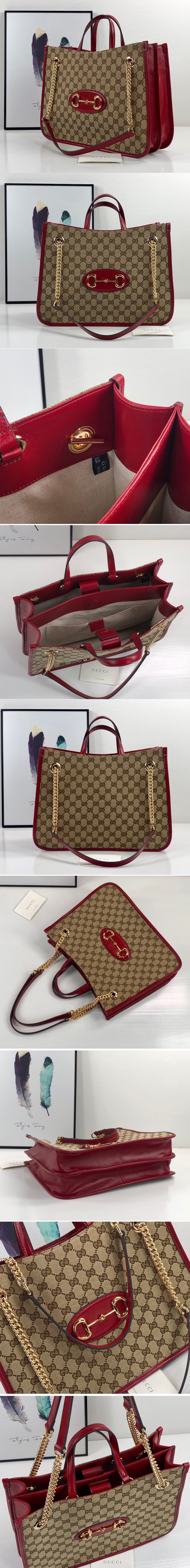 Replica Gucci 621144 Gucci 1955 Horsebit Medium tote bag in Original GG canvas With Red Leather