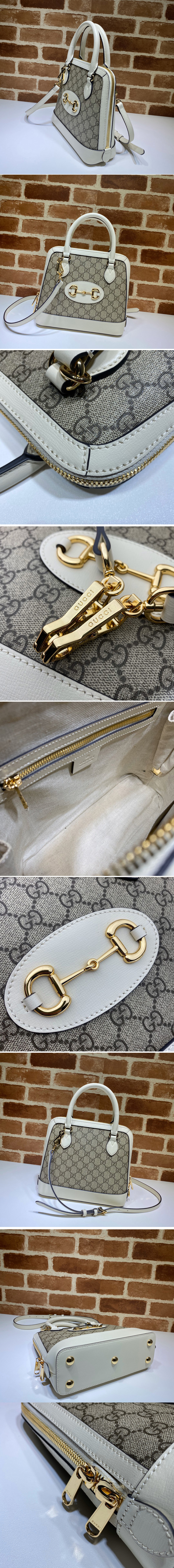 Replica Gucci 621220 Gucci 1955 Horsebit small top handle bag in Beige/ebony GG Supreme canvas With White Leather