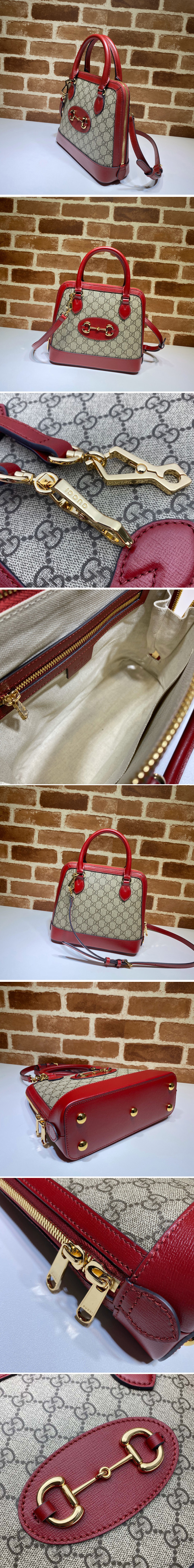 Replica Gucci 621220 Gucci 1955 Horsebit small top handle bag in Beige/ebony GG Supreme canvas With Red Leather