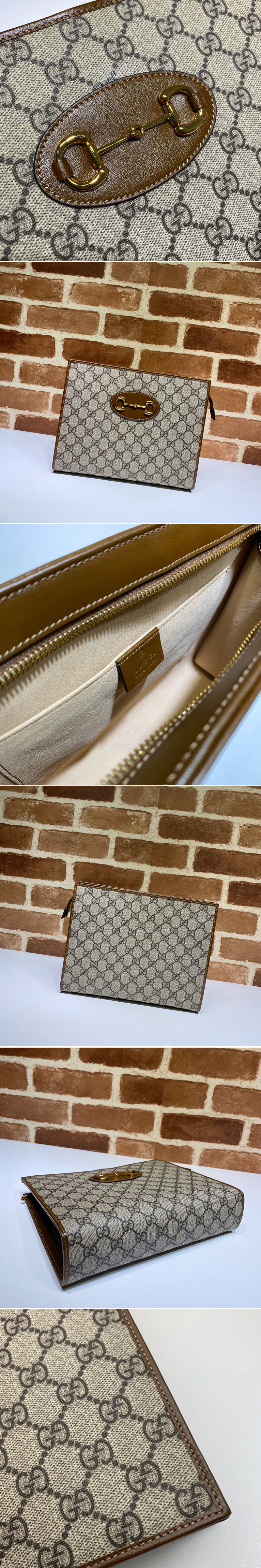 Replica Gucci 621890 Gucci 1955 Horsebit pouch in Beige/ebony GG Supreme canvas