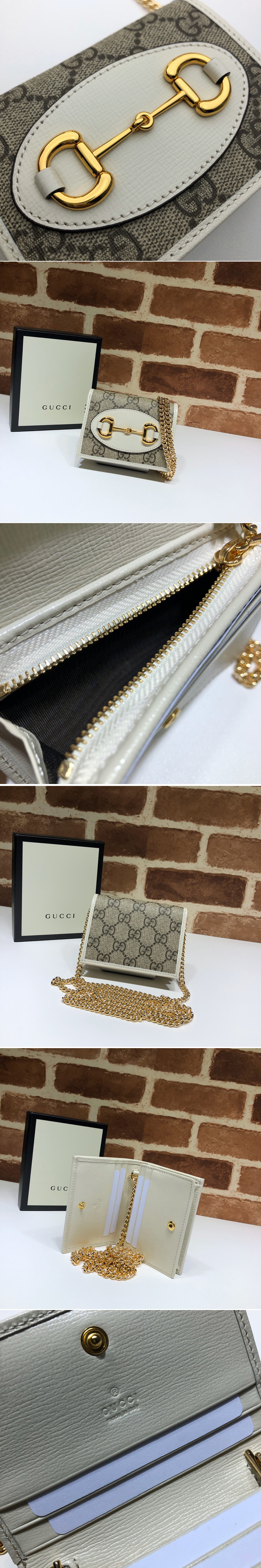 Replica Gucci 623180 Gucci 1955 Horsebit wallet with chain GG Supreme Canvas With White Leather