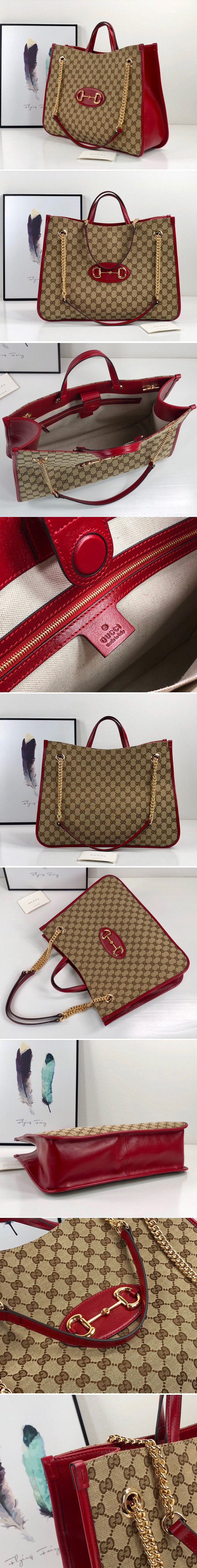 Replica Gucci 623695 Gucci 1955 Horsebit large tote bag in Original GG canvas With Red Leather