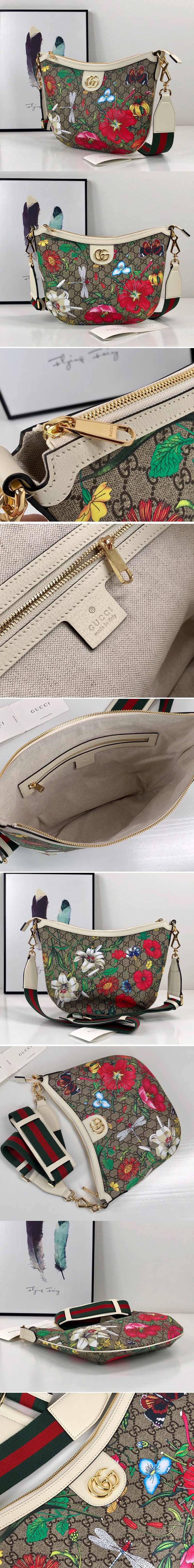 Replica Gucci 626509 GG Flora shoulder bag in Beige/ebony GG Supreme canvas with Flora print