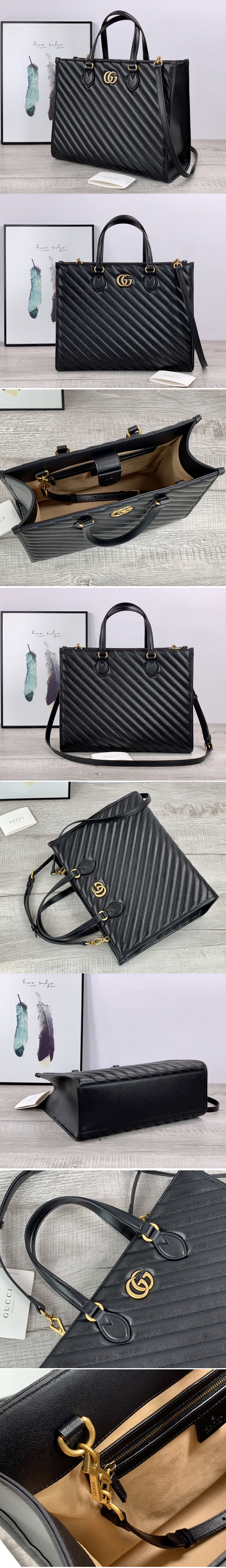 Replica Gucci 627332 GG Marmont medium tote bag in Black matelassé leather