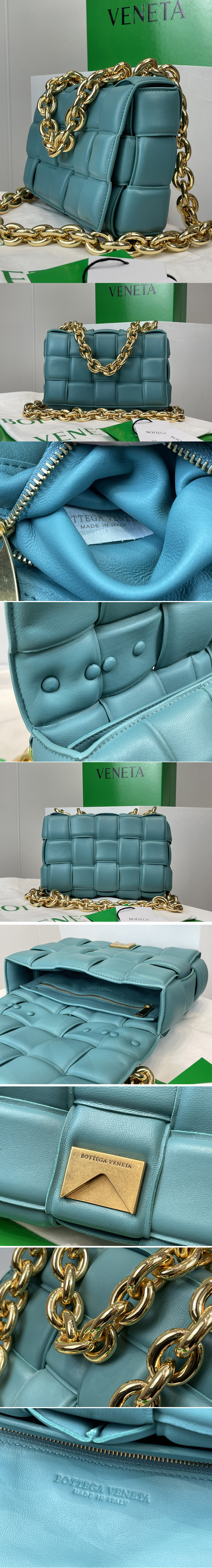 Replica Bottega Veneta 631421 The Chain Cassette bag in maxi Blue Intrecciato Nappa leather With Gold Chain