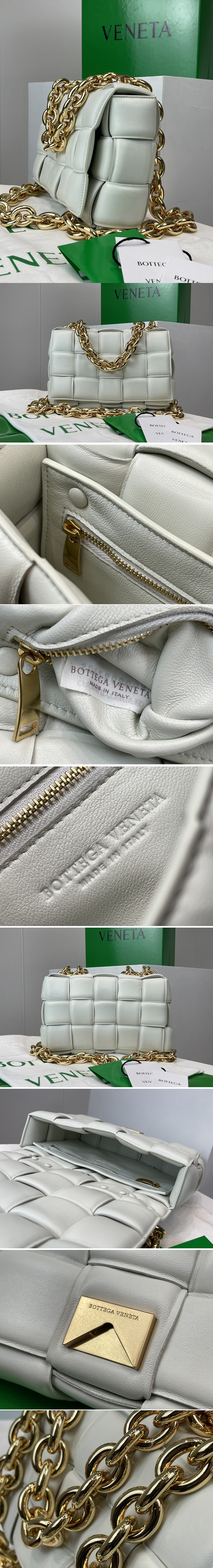 Replica Bottega Veneta 631421 The Chain Cassette bag in maxi White Intrecciato Nappa leather With Gold Chain