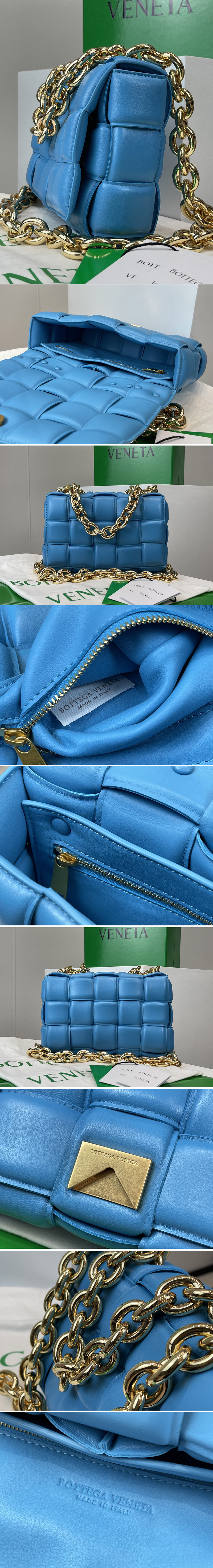 Replica Bottega Veneta 631421 The Chain Cassette bag in maxi Blue Intrecciato Nappa leather With Gold Chain