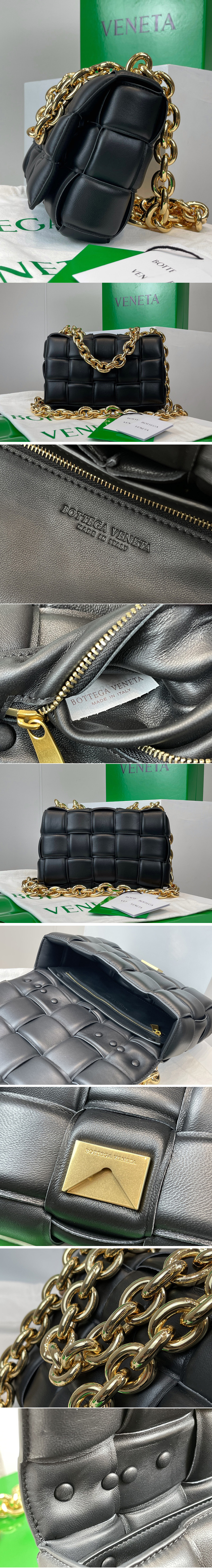 Replica Bottega Veneta 631421 The Chain Cassette bag in maxi Black Intrecciato Nappa leather With Gold Chain