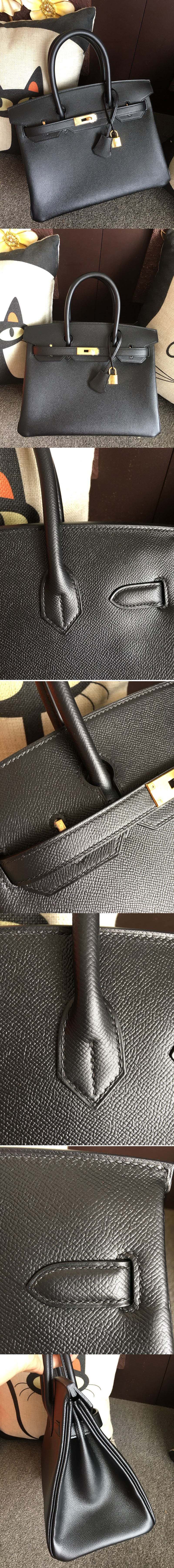 Replica Hermes Birkin 30 Tote Bags Full Handstitched in Black Epsom Leather With Gold Buckle