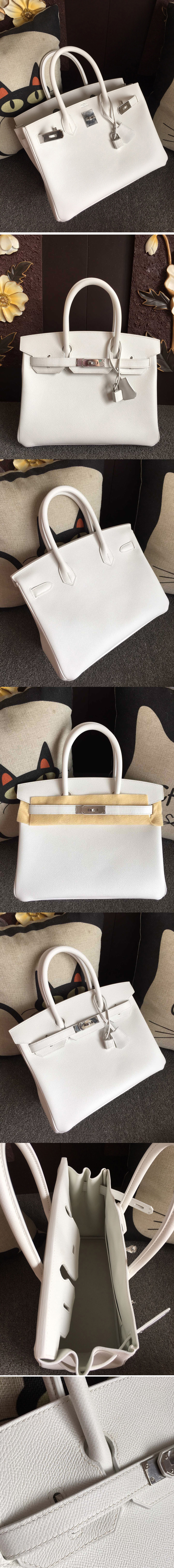 Replica Hermes Birkin 30 Tote Bags Full Handstitched in White Epsom Leather With Silver Buckle