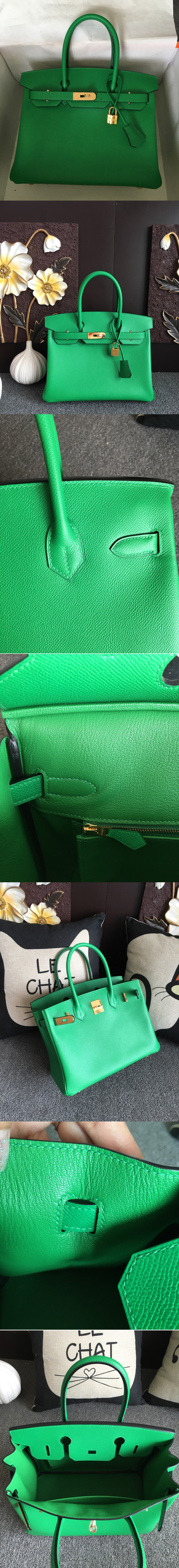 Replica Hermes Birkin 30 Tote Bags Full Handstitched in Green Epsom Leather With Gold Buckle