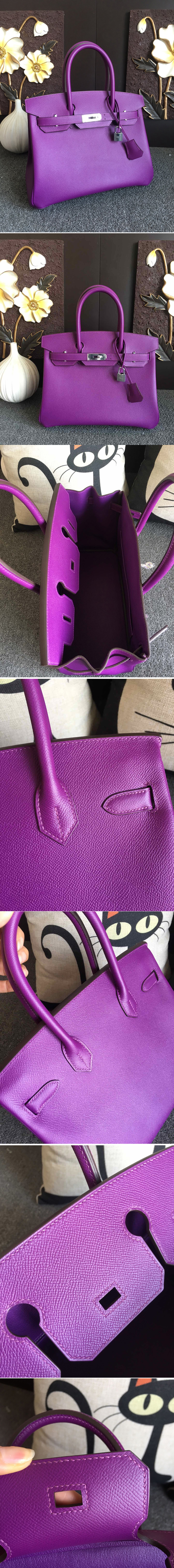 Replica Hermes Birkin 30 Tote Bags Full Handstitched in Purple Epsom Leather With Silver Buckle