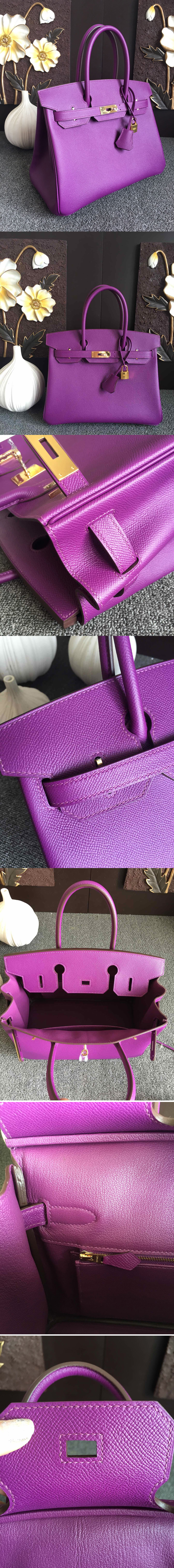 Replica Hermes Birkin 30 Tote Bags Full Handstitched in Purple Epsom Leather With Gold Buckle